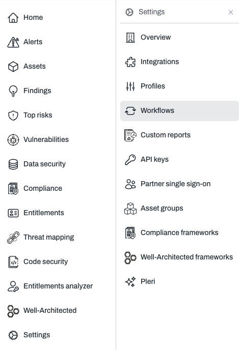 Sidebar navigation with Settings expanded and Workflows highlighted