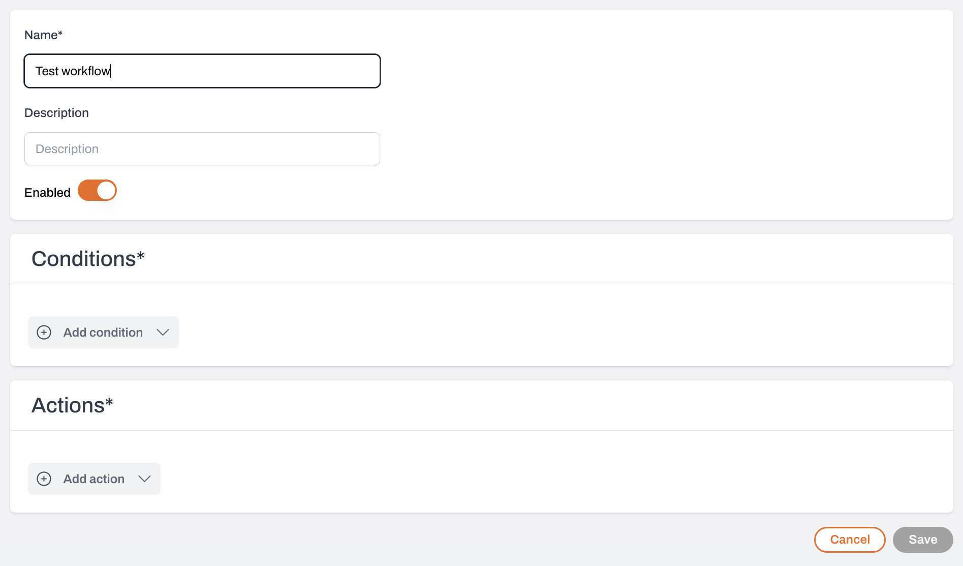 Workflow page with name, description and Enabled toggle