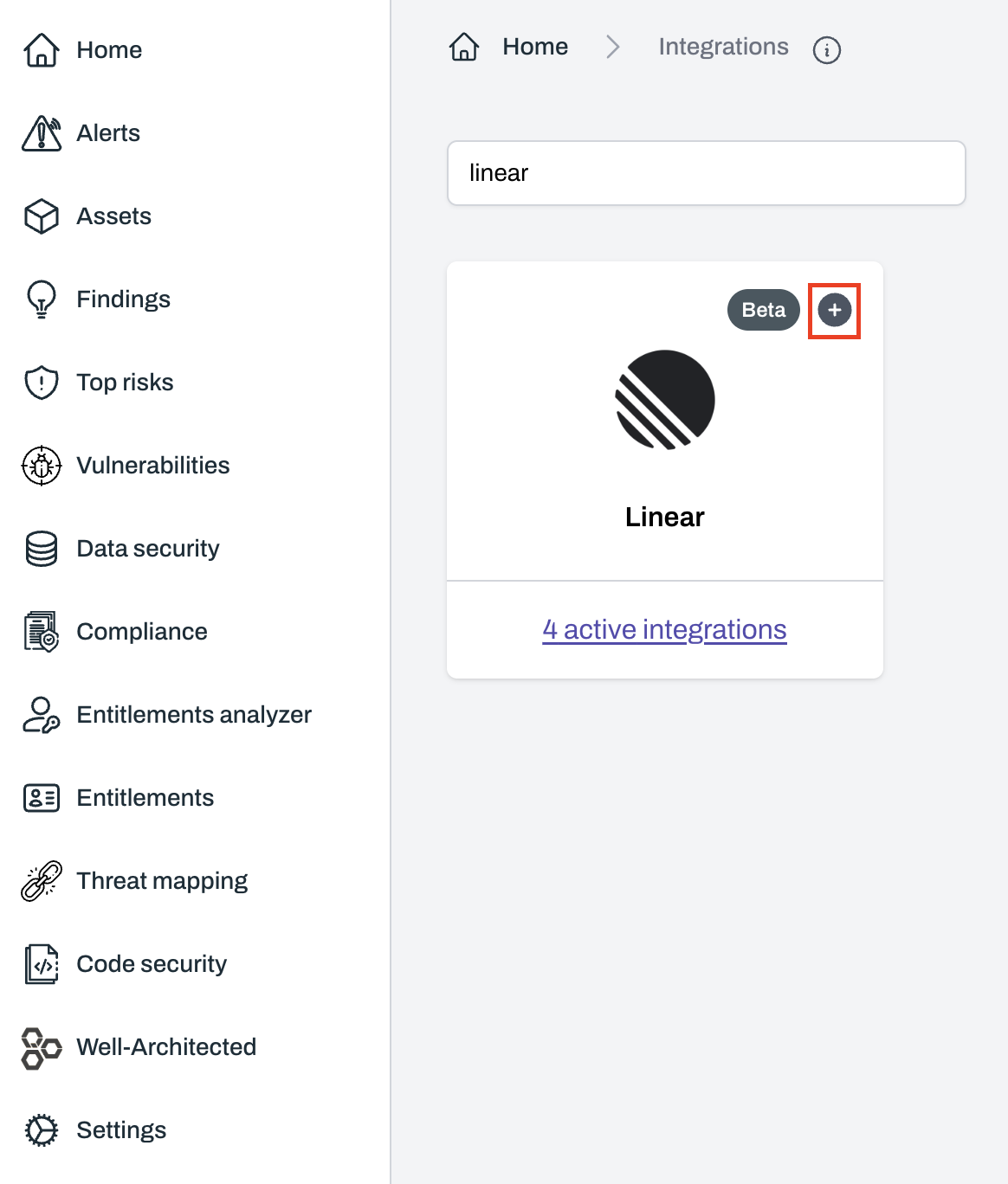 Integrations page with Linear option and plus button to add integration