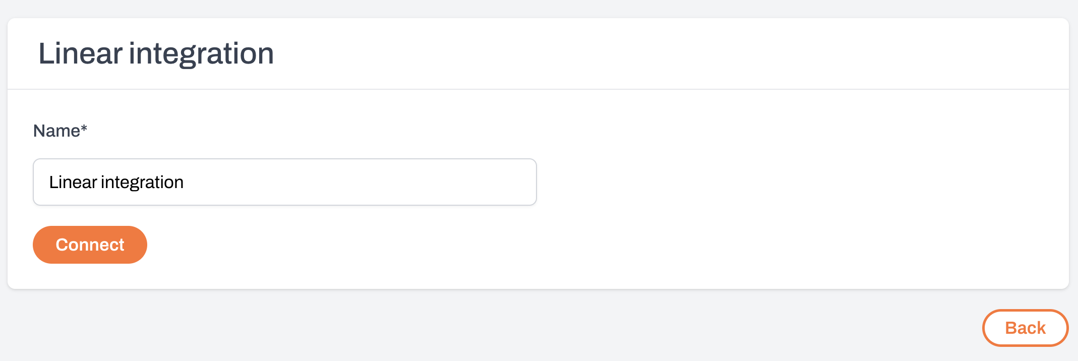 Connect Linear page showing fields for integration name and Connect button