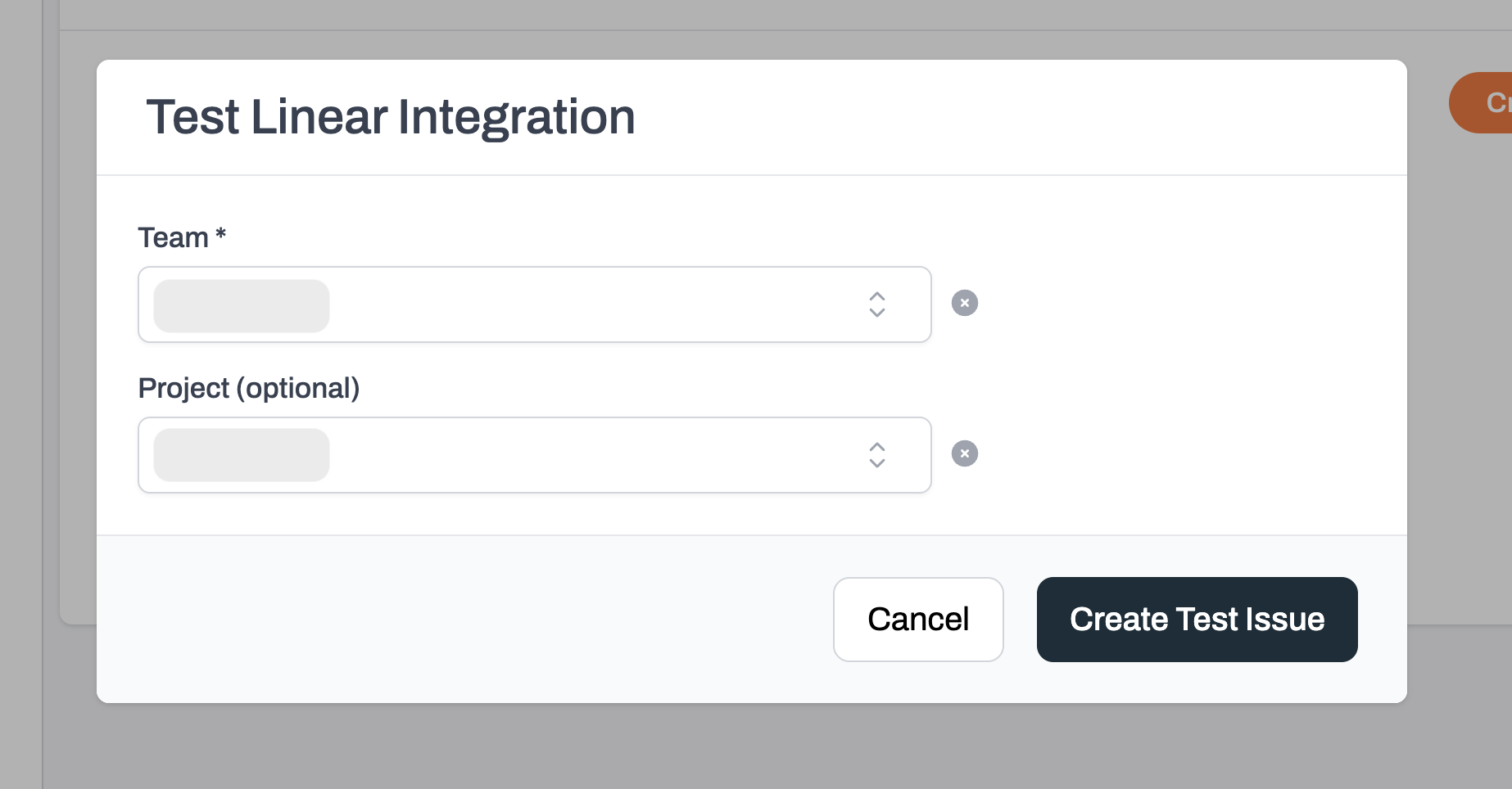 Test issue configuration screen for Linear integration in Plerion