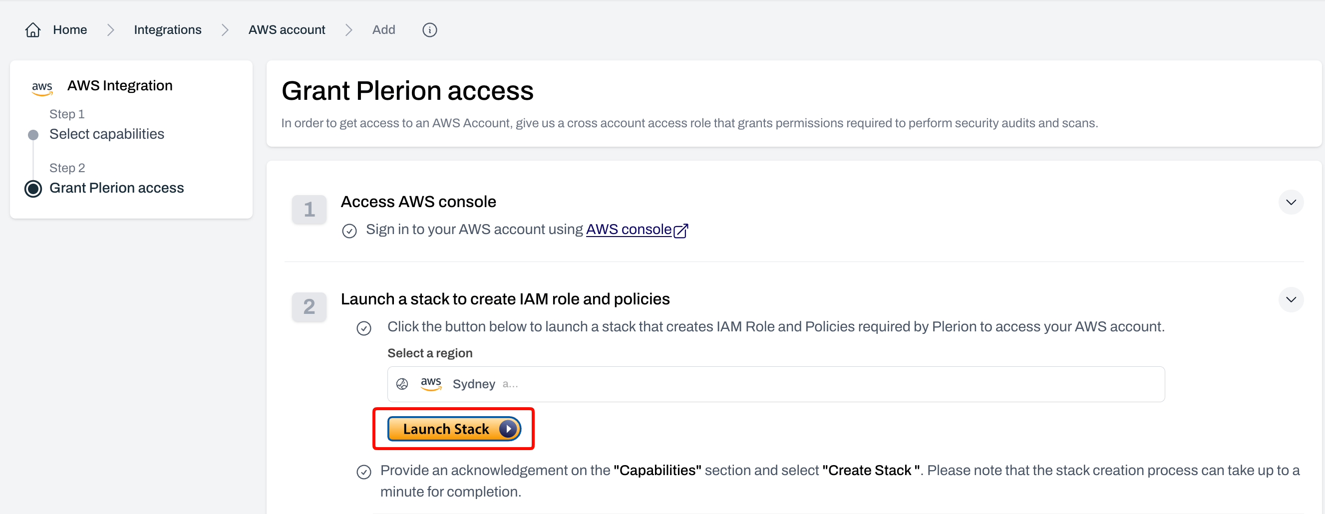 Grant Plerion access page in Automated mode with the Launch stack button