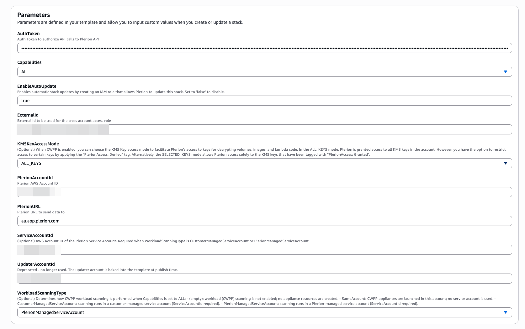 AWS CloudFormation Quick create stack page with default parameters and capabilities acknowledged
