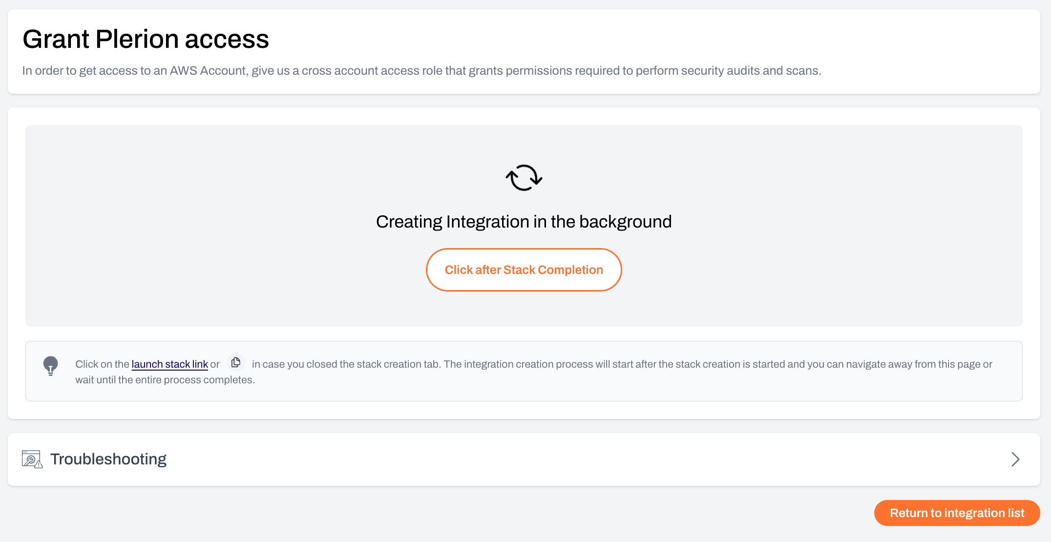 Plerion creating the AWS account integration