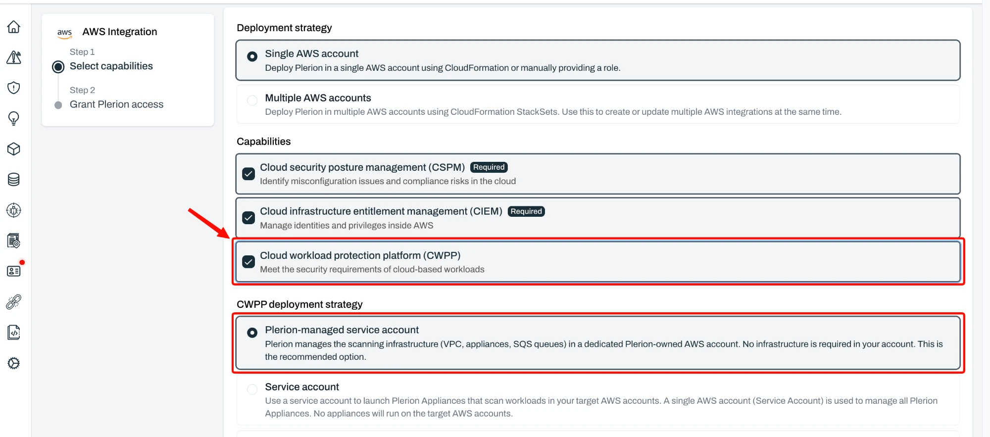 Capabilities page with CWPP selected and Plerion-managed service account chosen as the CWPP deployment strategy