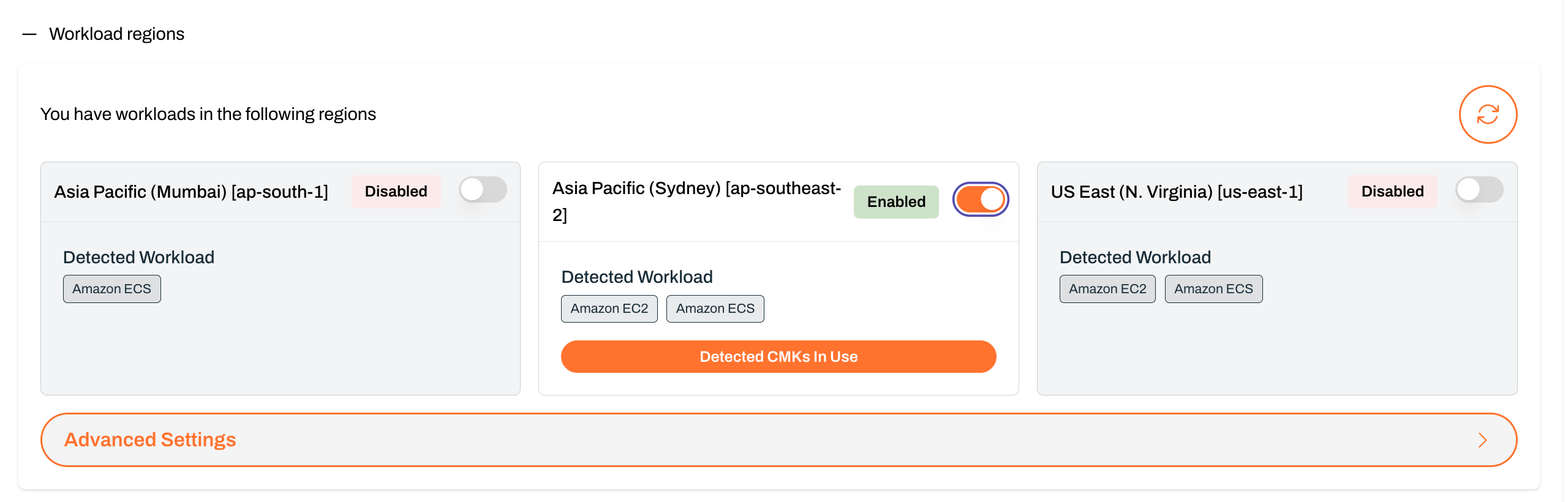 Workload regions section with per-region Enabled and Disabled toggles and detected workloads
