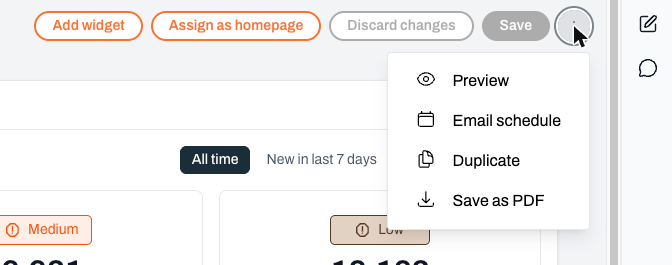 The dashboard actions menu
