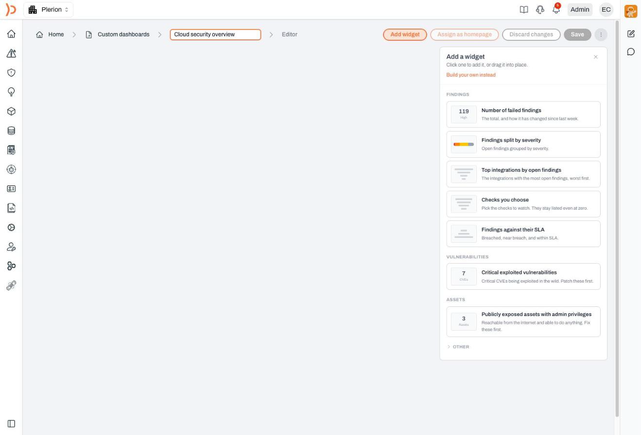 The widget panel on a new dashboard