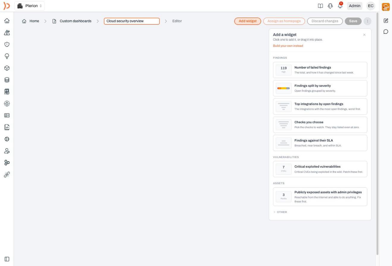 The widget panel on a new dashboard