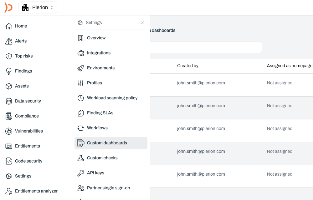 Custom dashboards in the Plerion settings menu