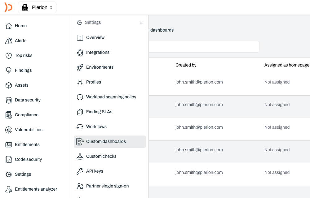Custom dashboards in the Plerion settings menu