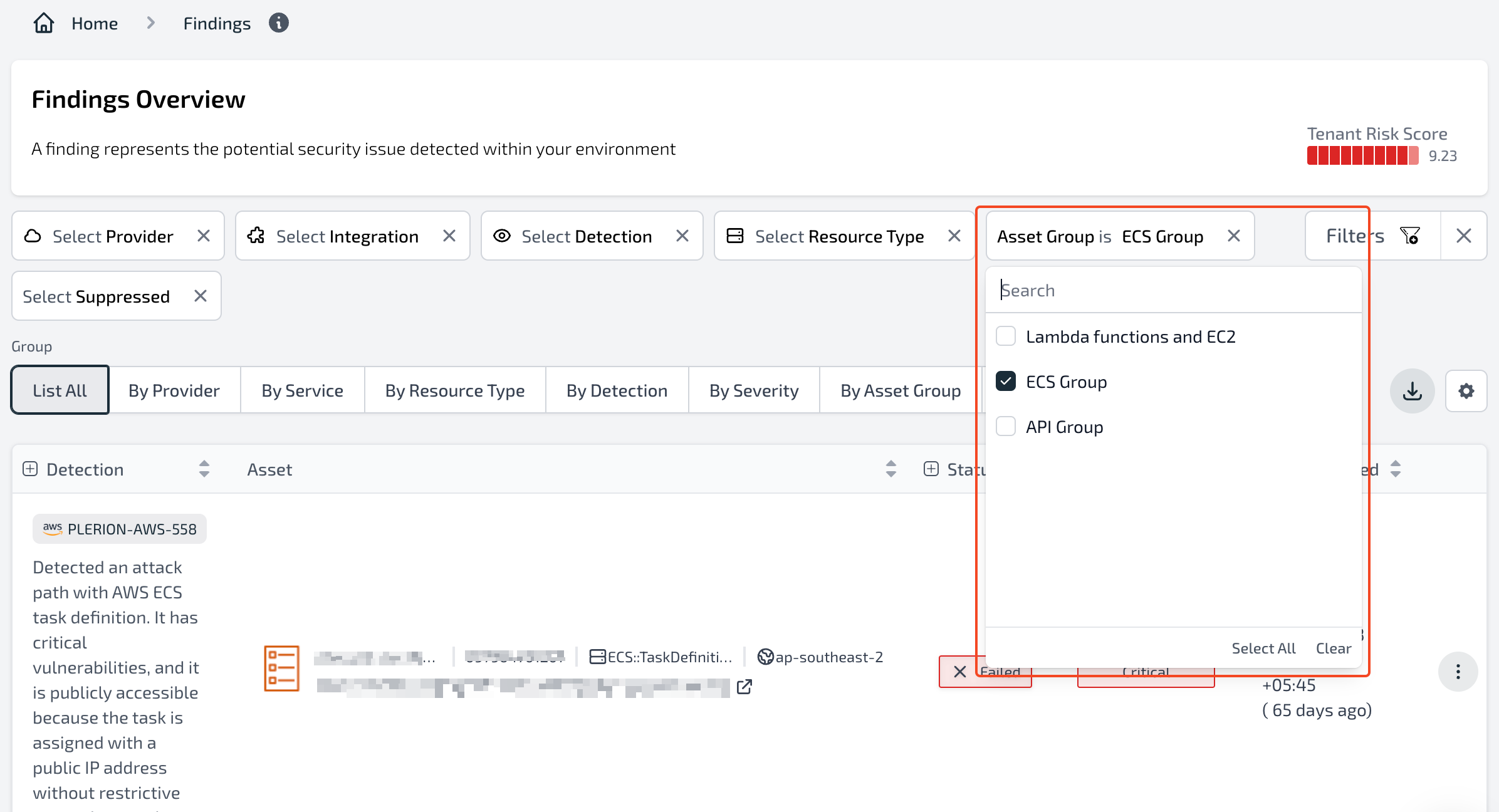 Filter for Asset group on the Findings dashboard