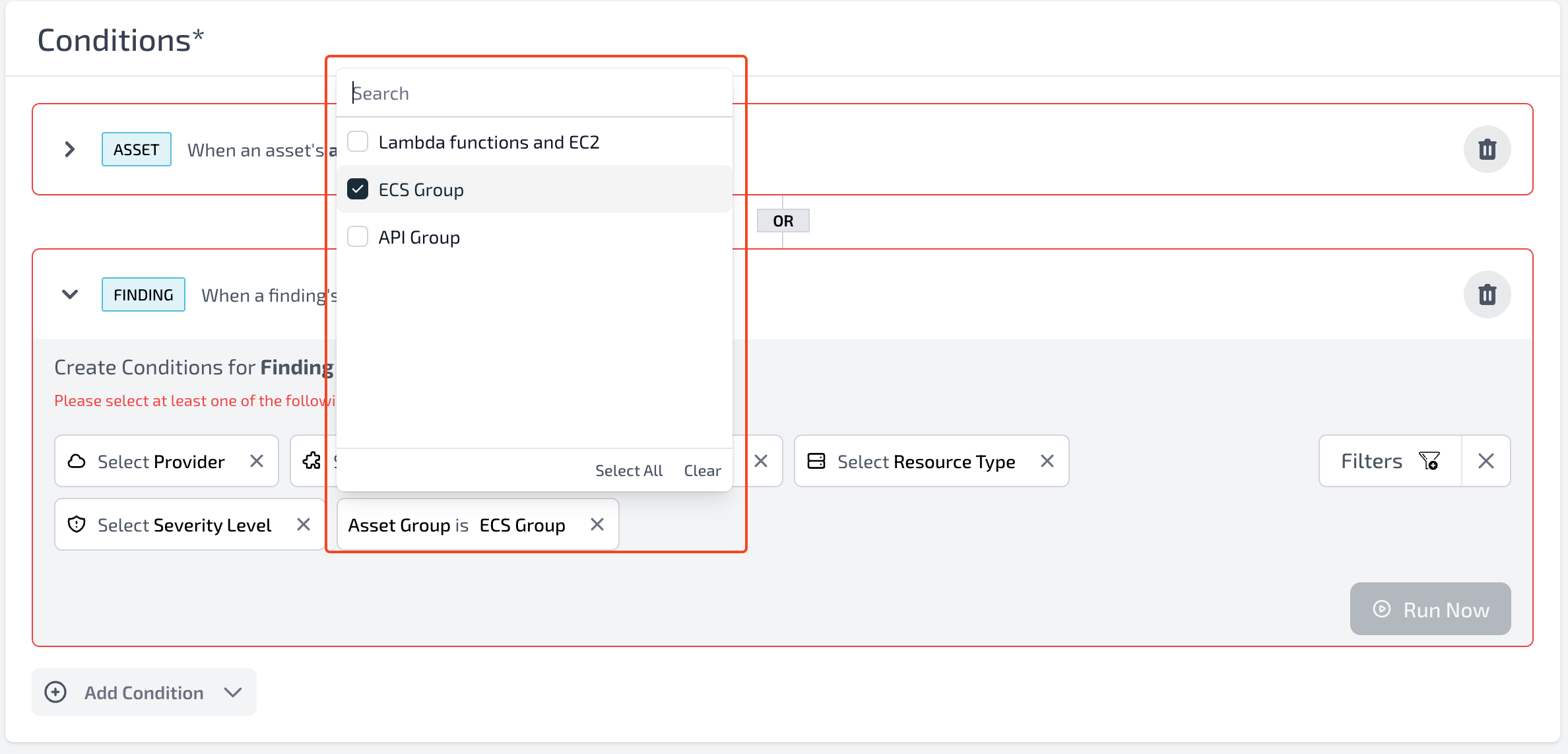Filter by Asset group on Workflows Finding condition