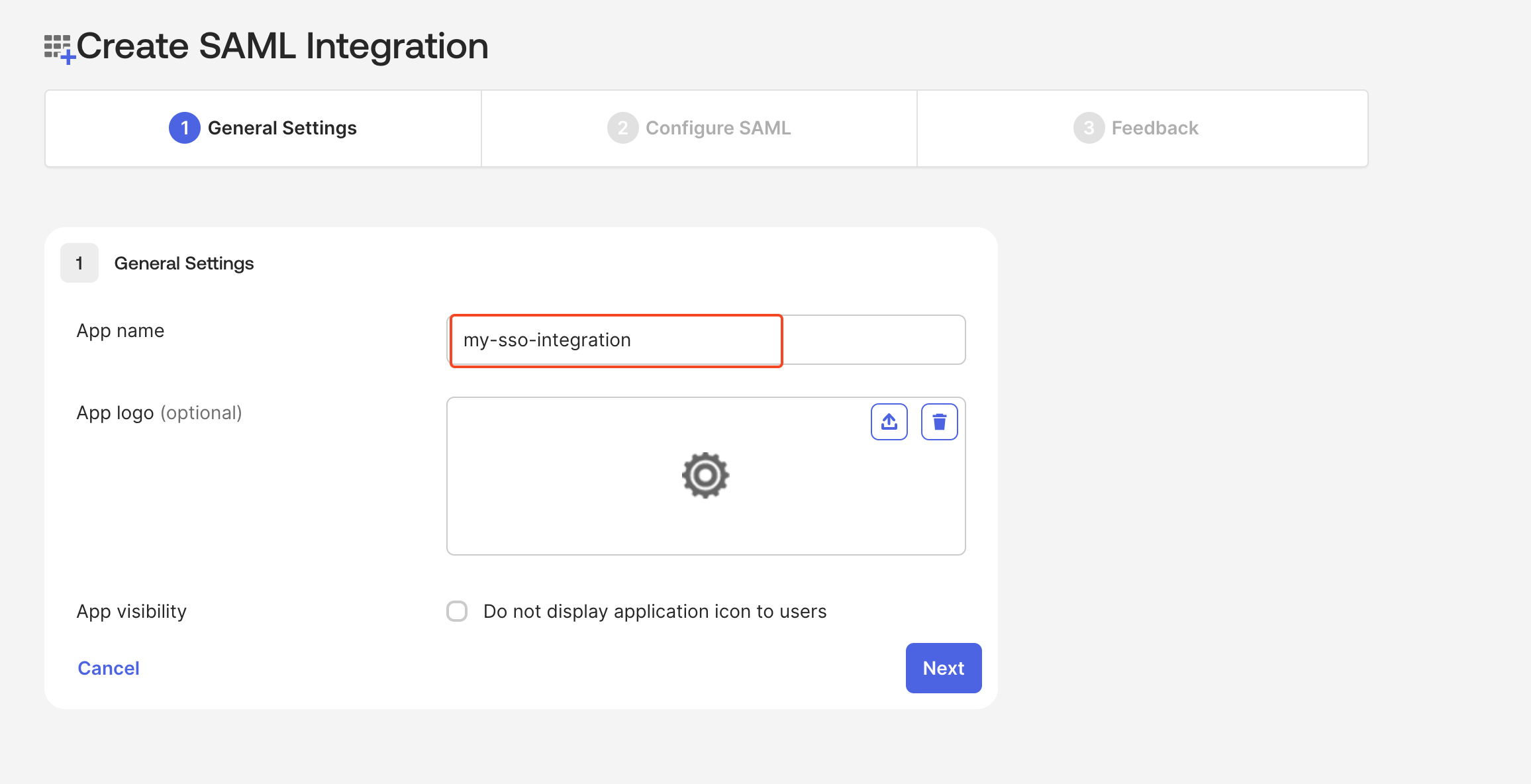 Okta create SAML application screen