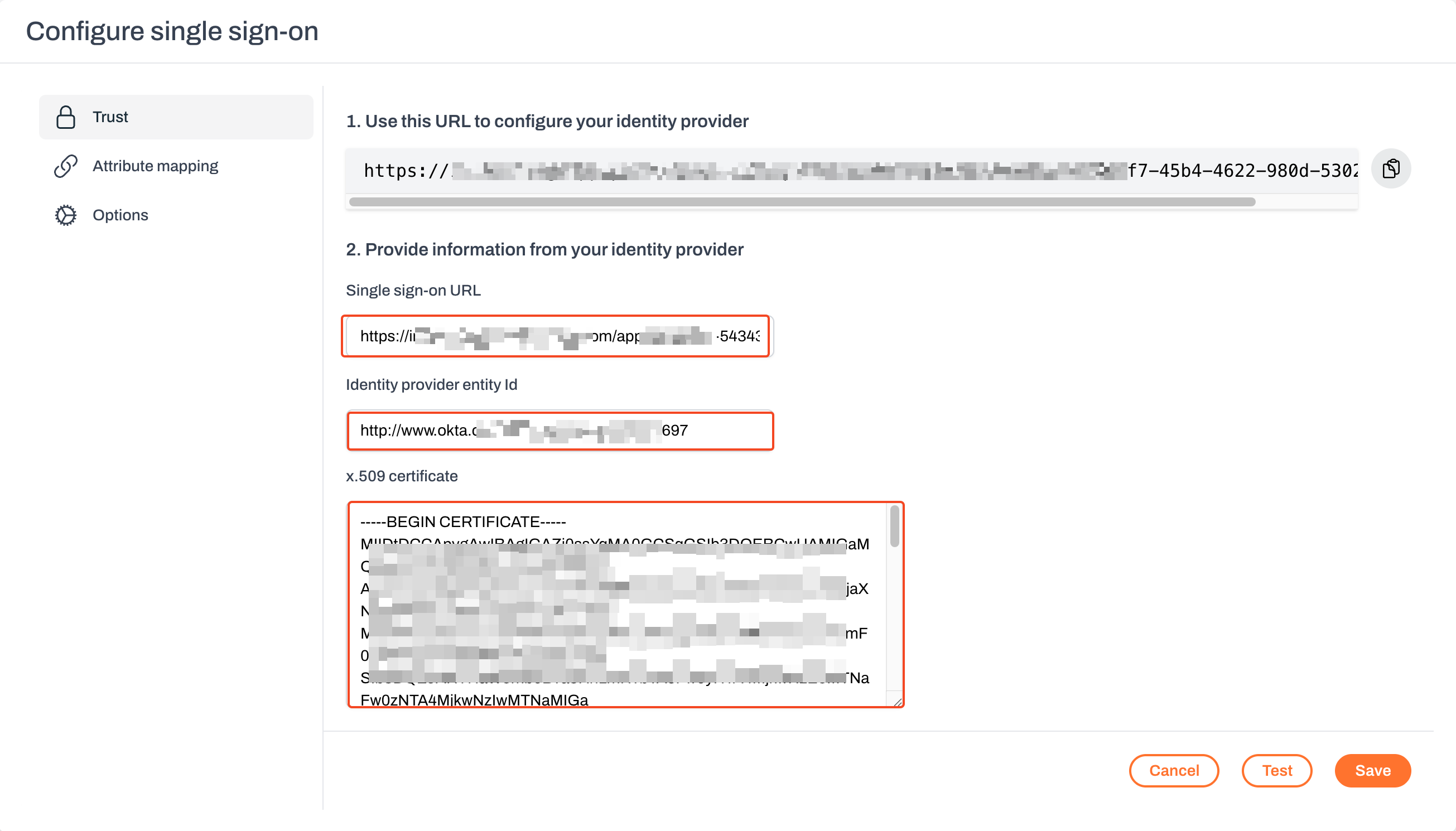 Plerion SSO trust configuration screen