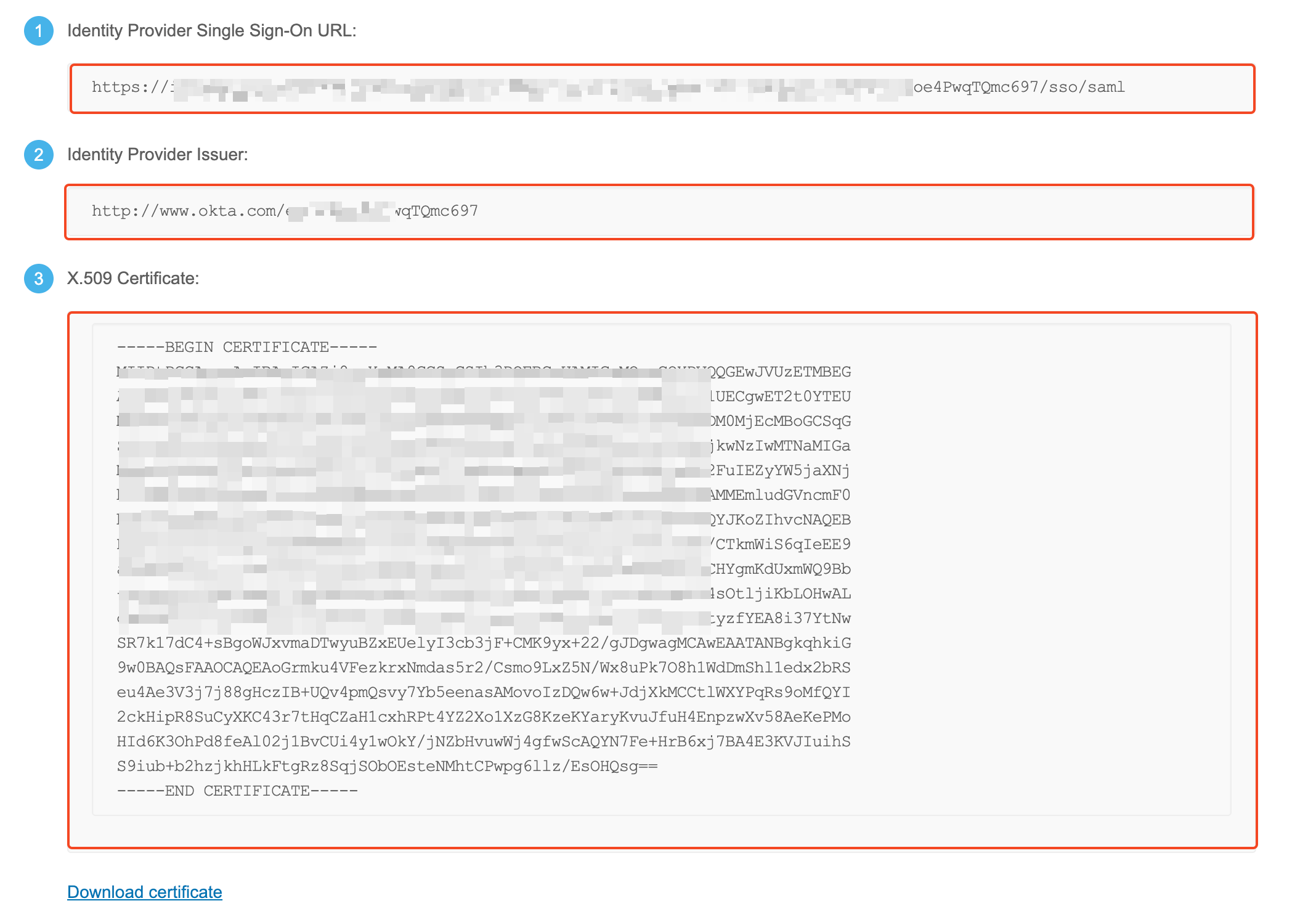 Okta SAML setup instructions with SSO URL and certificate