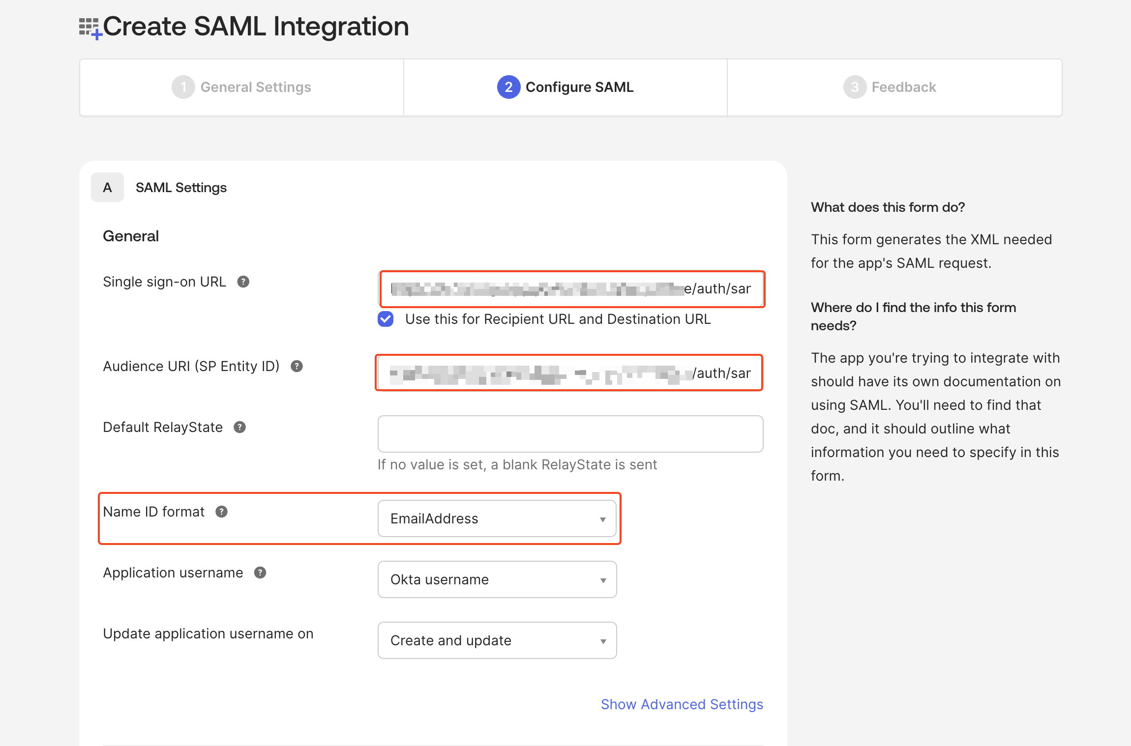 Okta SAML settings showing Single Sign-On URL and Audience URI fields