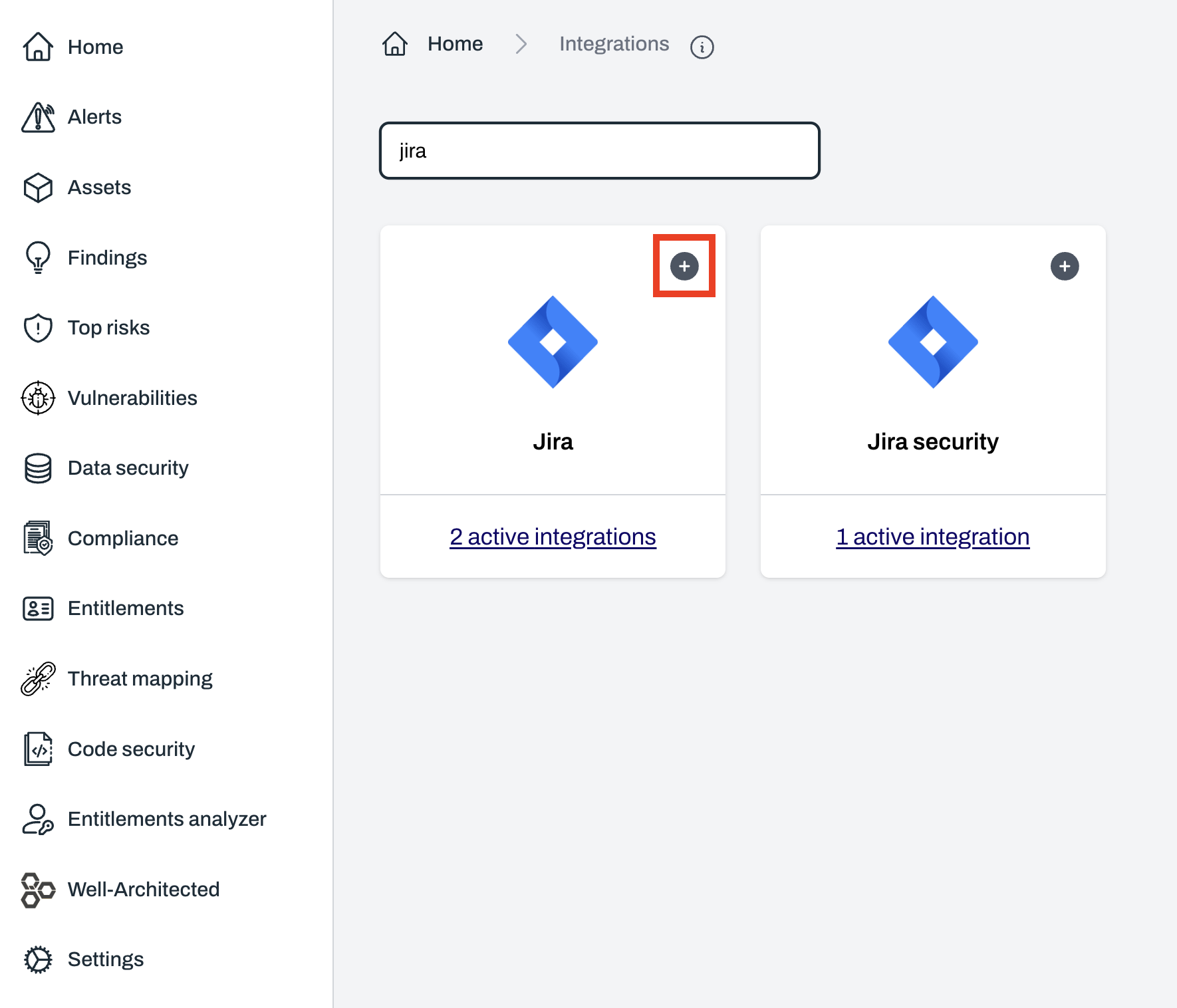 Integrations page with Jira option and plus button to add integration