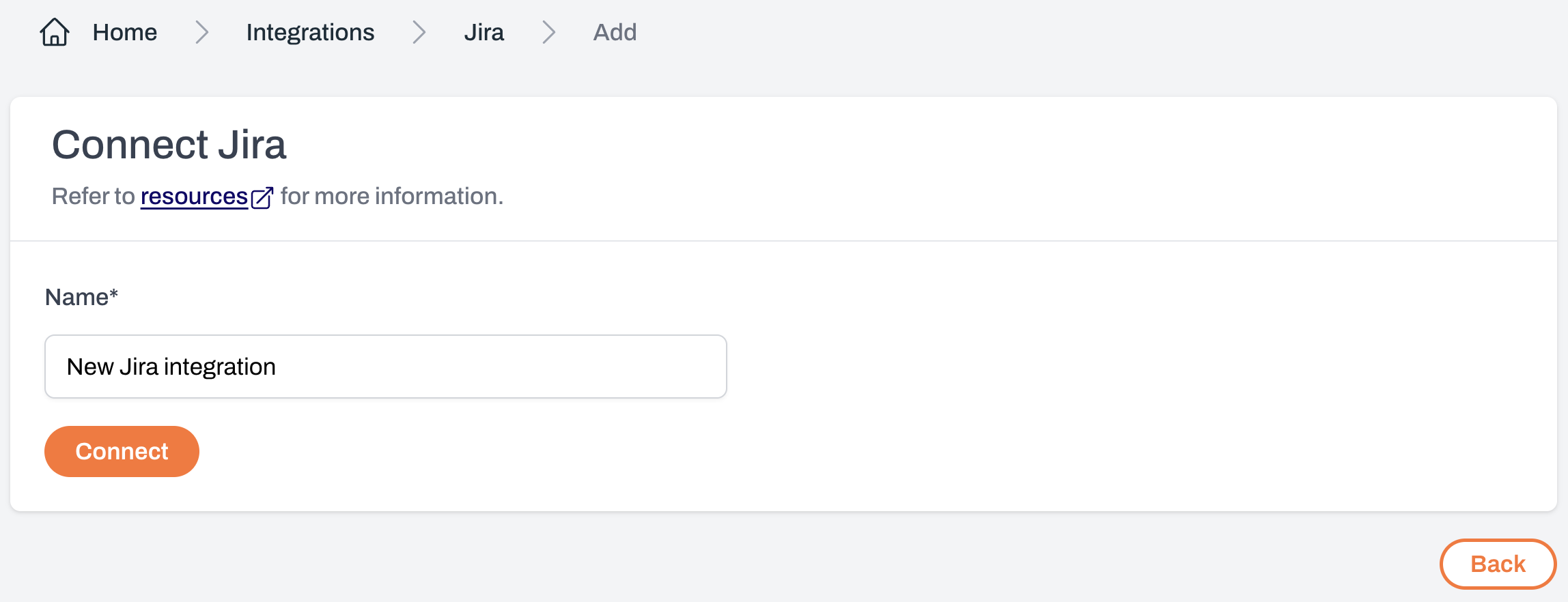 Connect Jira page showing fields for integration name and Connect Jira button