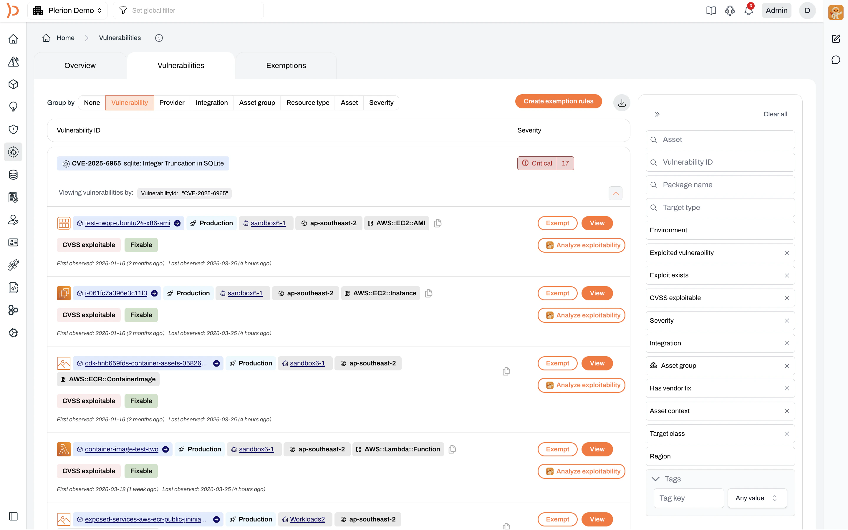 Vulnerabilities tab grouped by Vulnerability, showing CVE-2025-6965 expanded with affected assets