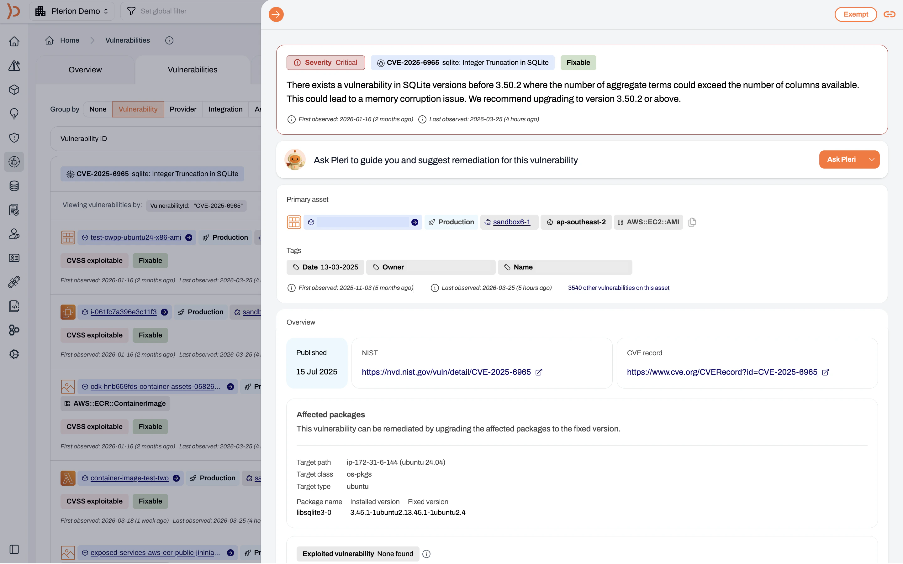 Vulnerability detail panel showing CVE-2025-6965, severity, primary asset, affected packages, and remediation option