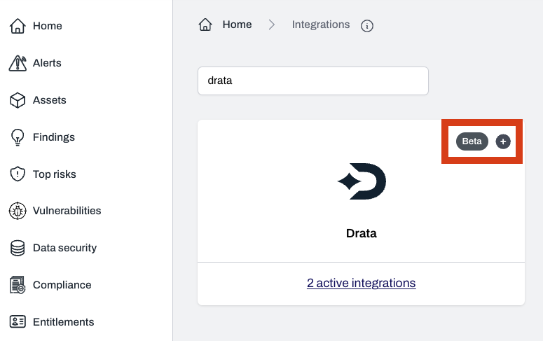 Integrations page with Drata option and plus button to add integration