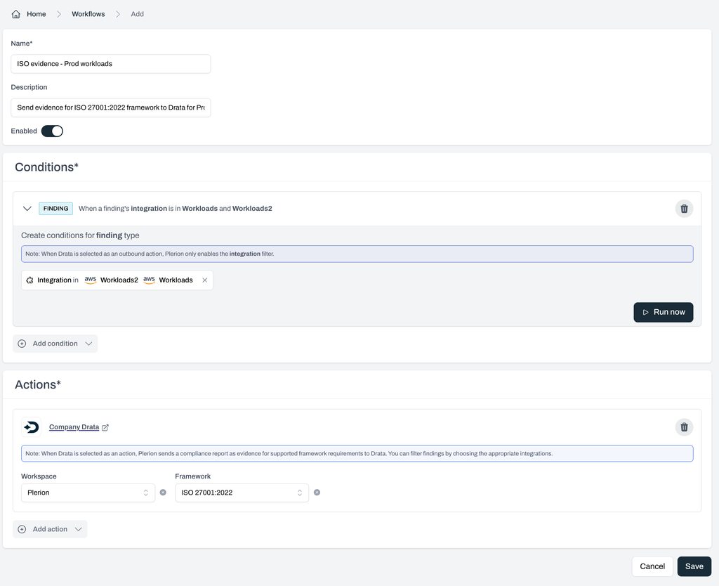 Plerion workflow setup for Drata integration showing ISO 27001:2022 mapping