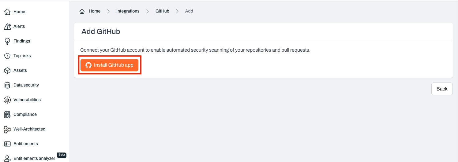 Install GitHub app option in Plerion
