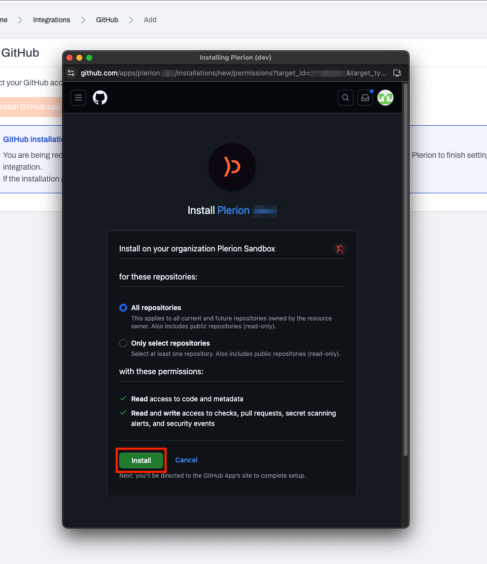 GitHub installation screen showing repository selection