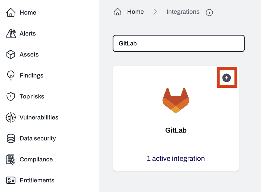 Integrations page showing GitLab tile with plus button