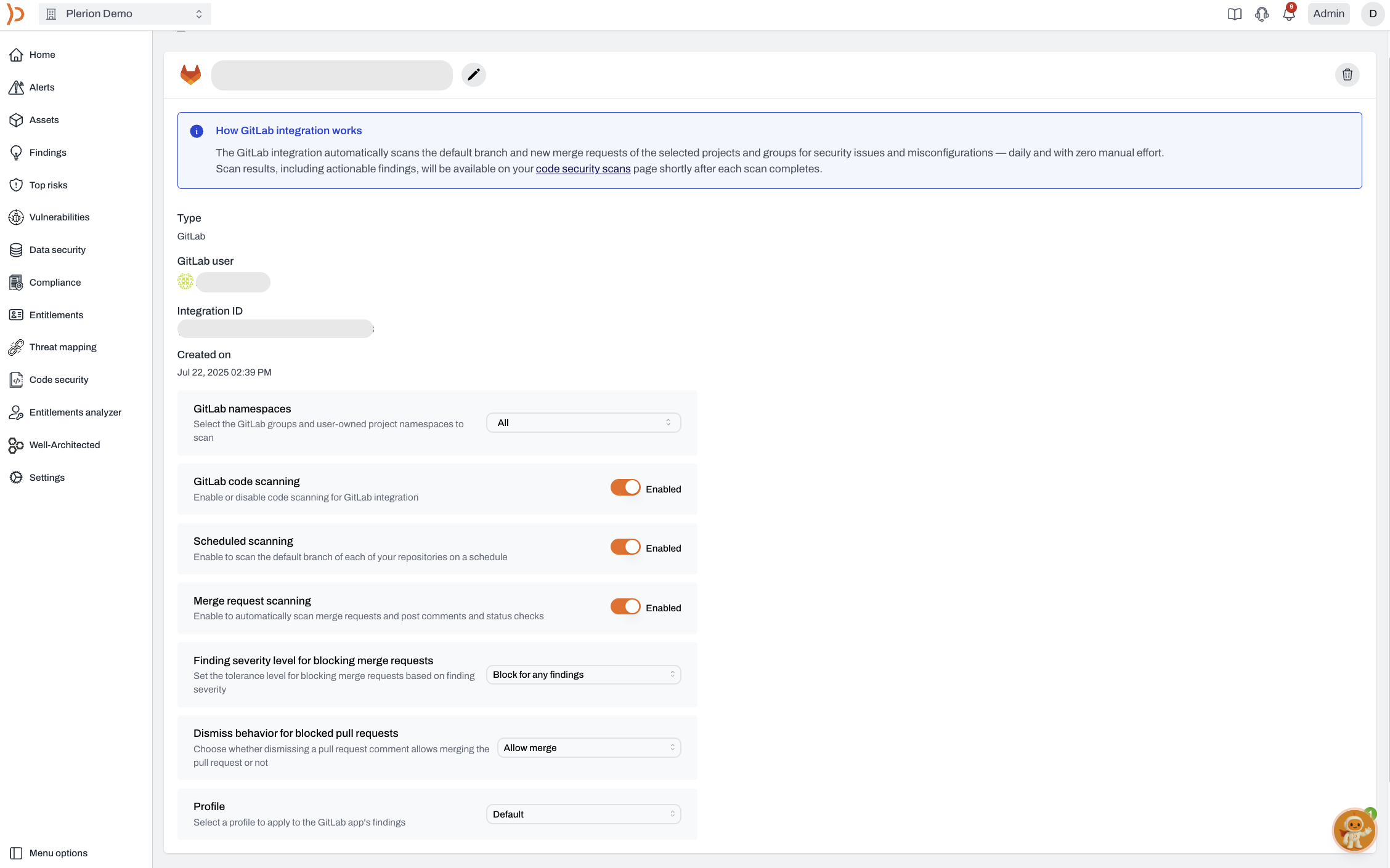 Plerion integration page showing GitLab connected
