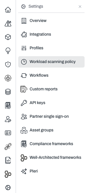 Sidebar showing Settings expanded with Workload scanning policy highlighted