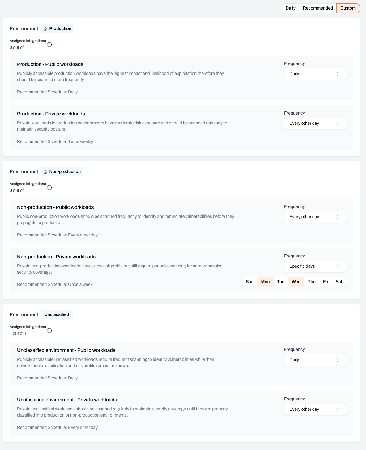 Workload category cards showing Public and Private rows across environment types