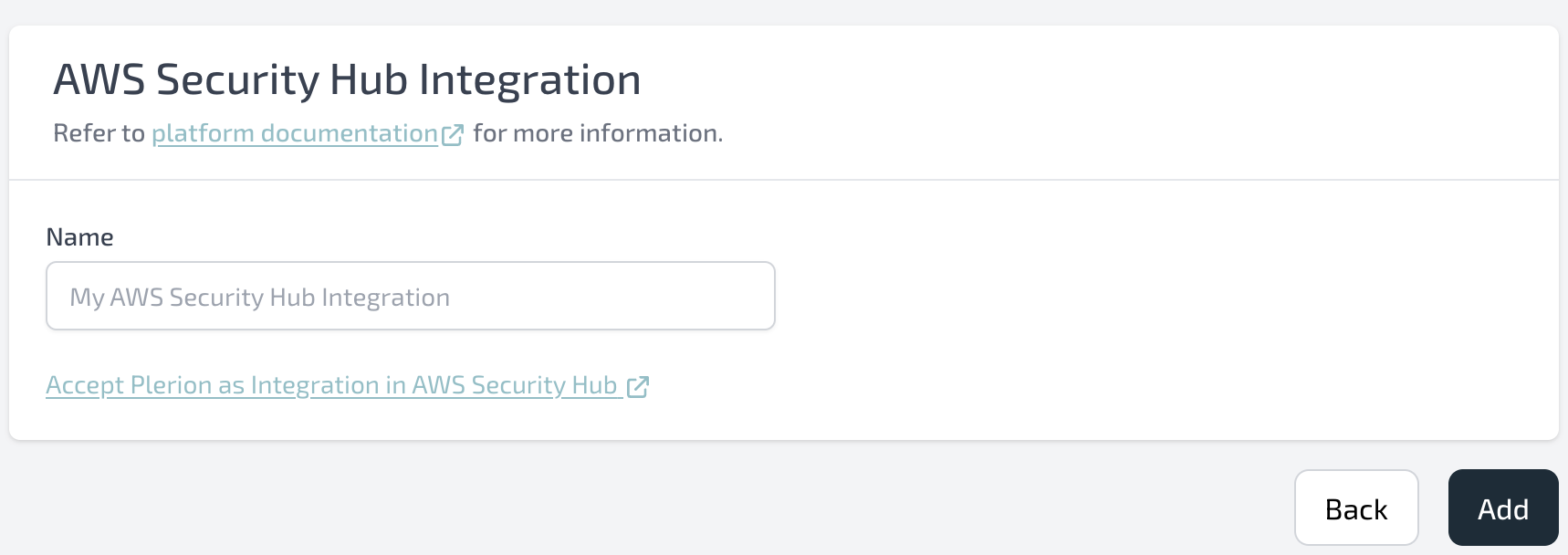 AWS Security Hub integration page with Integration name field