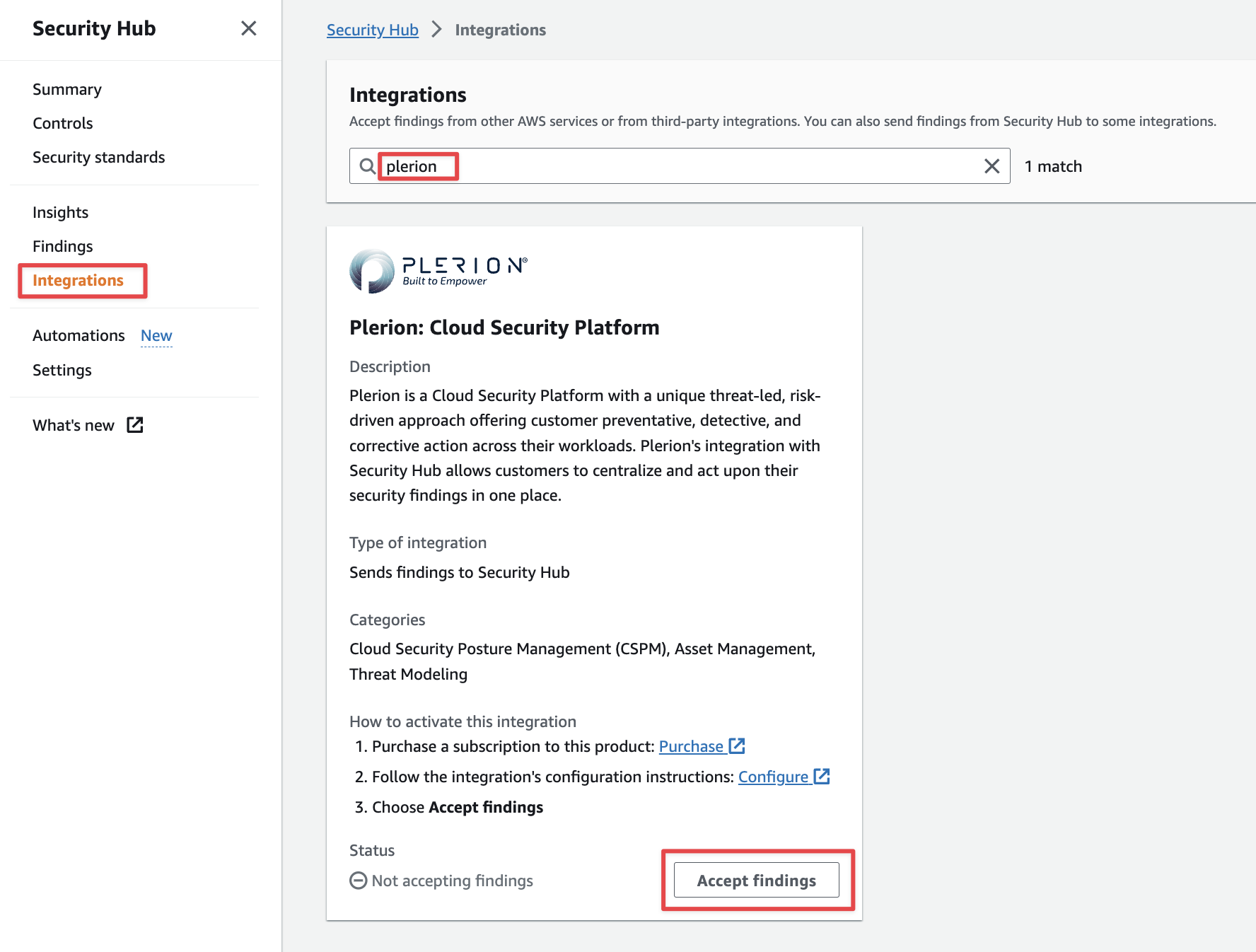 AWS Security Hub console showing prompt to accept Plerion findings
