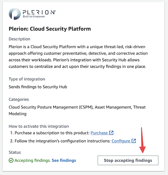 AWS Security Hub console showing disable findings option for Plerion