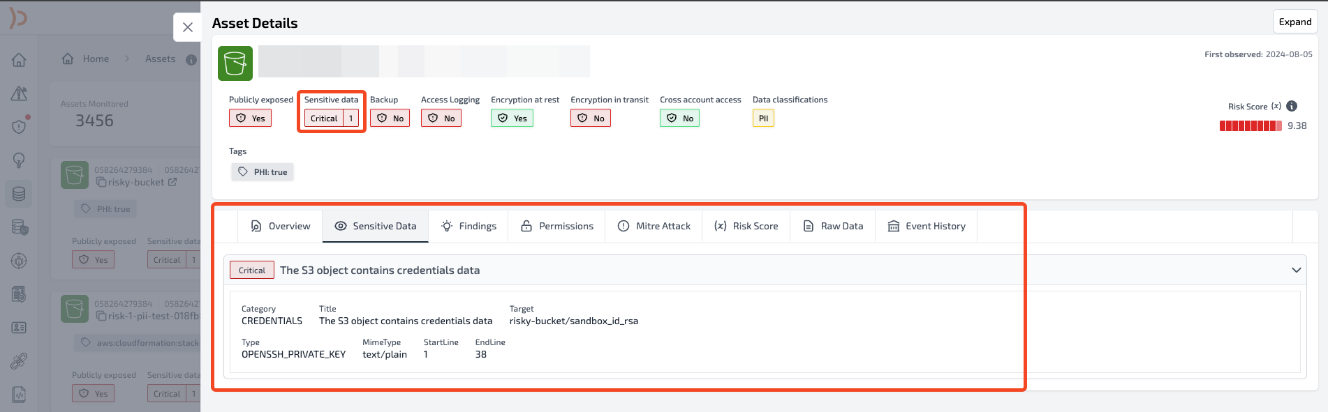 Expanded asset details showing vulnerabilities and findings
