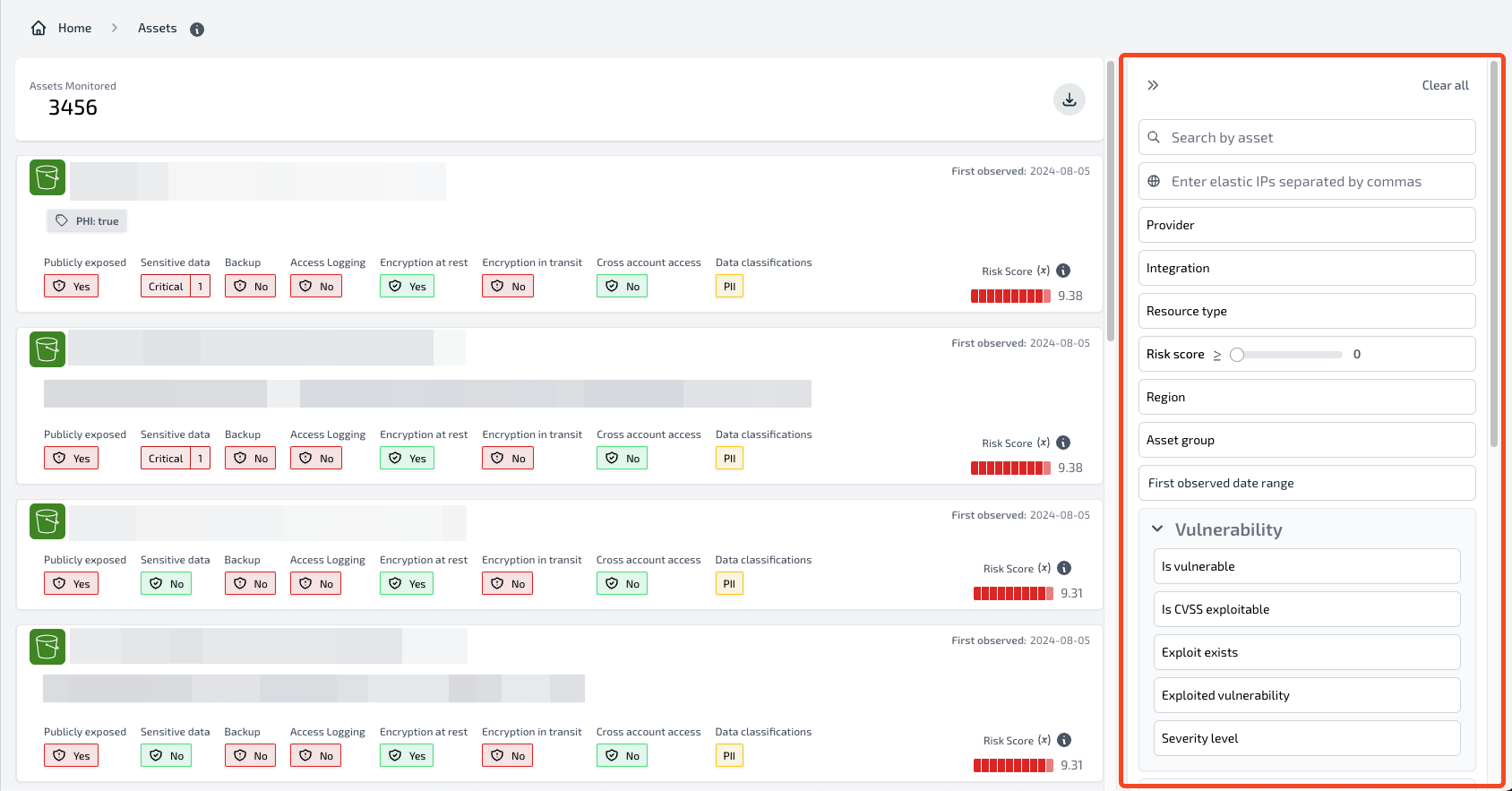 Assets dashboard with filter options expanded