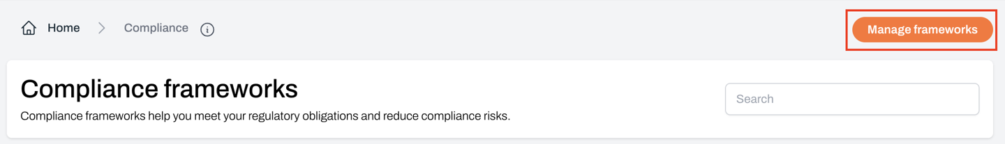 Manage frameworks button highlighted in Compliance dashboard