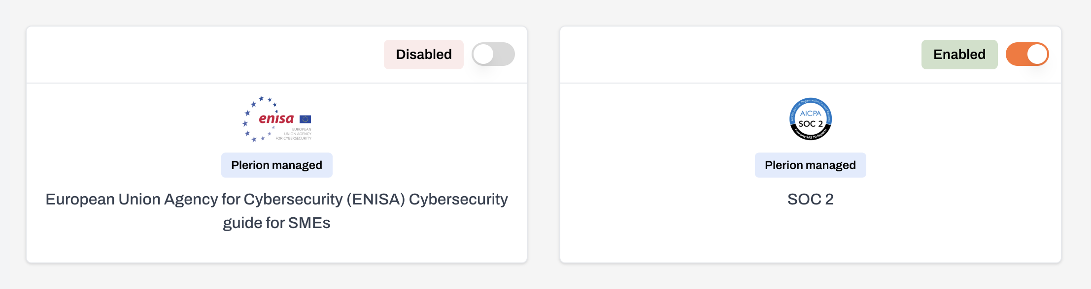 Framework toggles showing enabled and disabled states