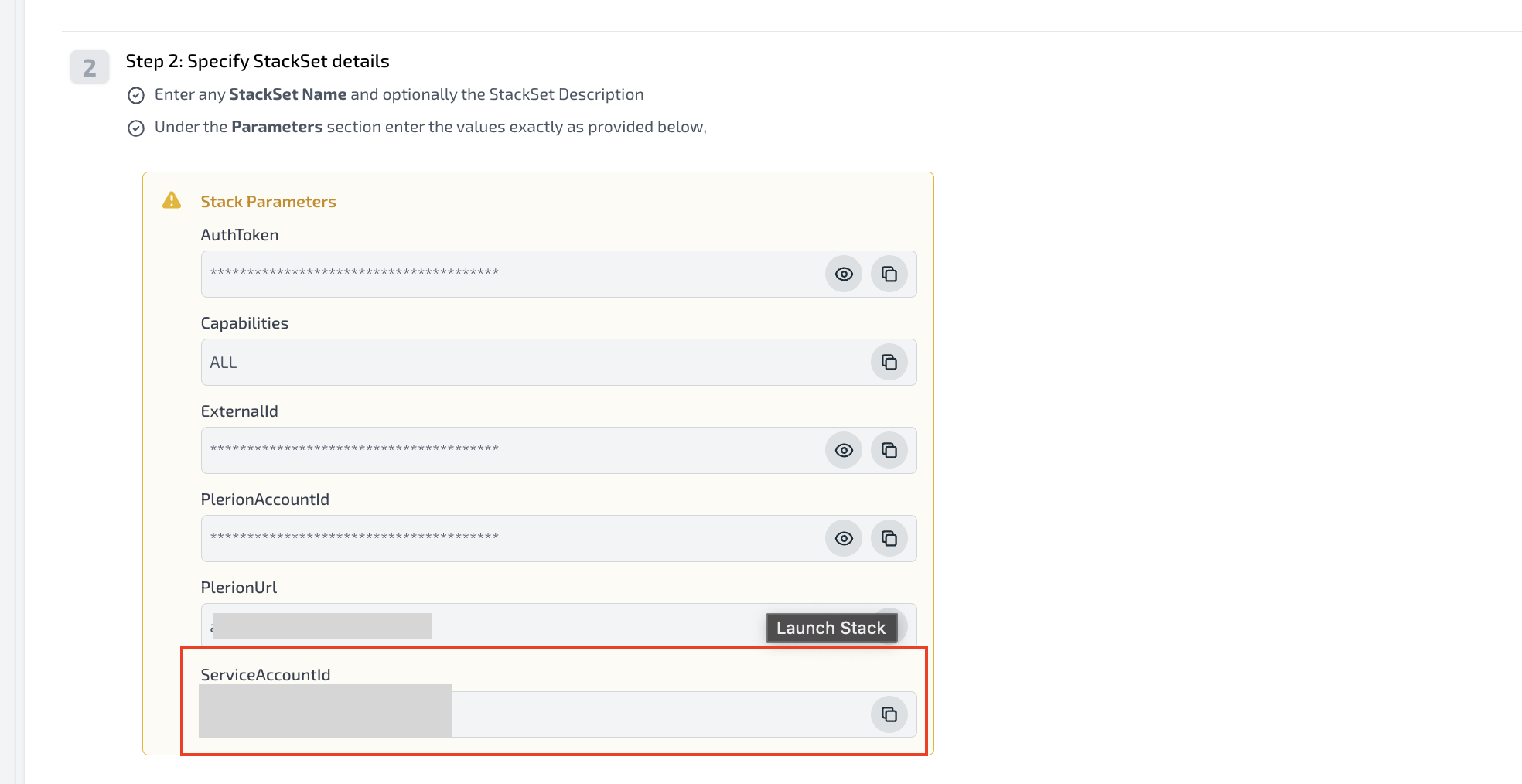 ServiceAccountId parameter reference in Plerion guide