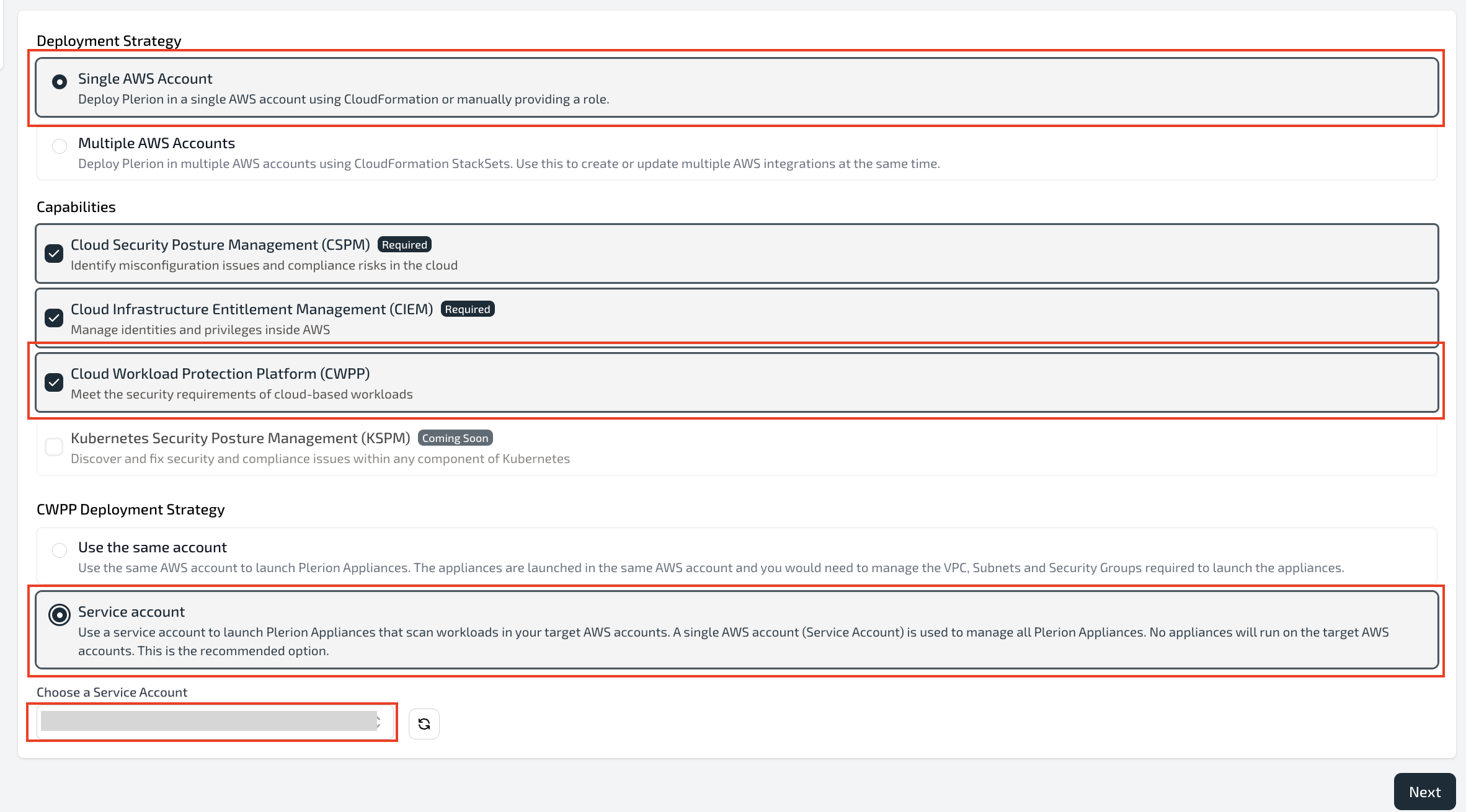 Single-account capabilities with CWPP Service account