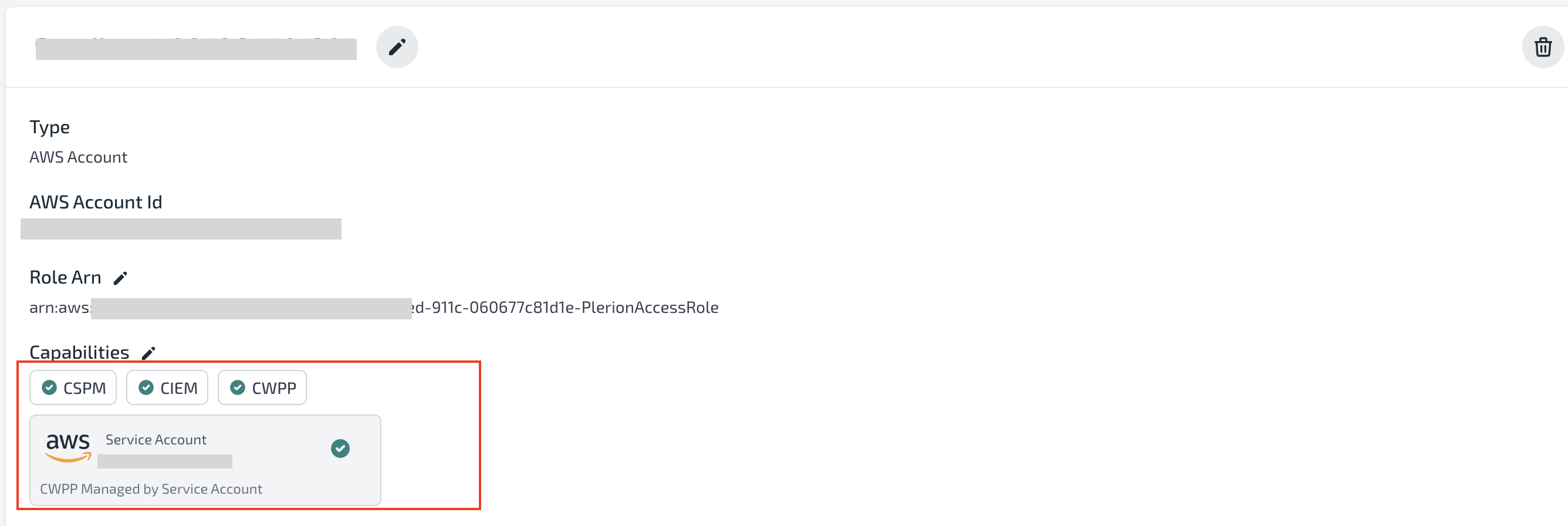 AWS integration page showing linked service account
