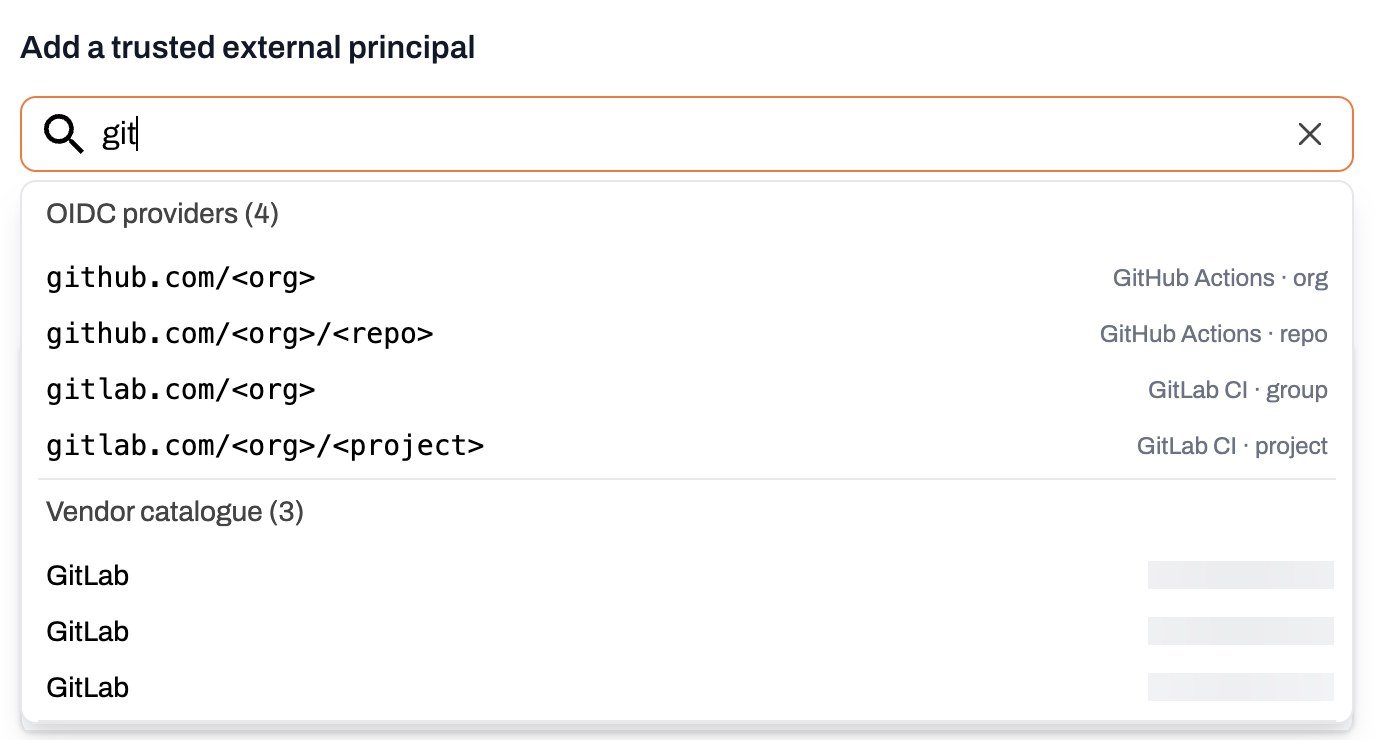 Add a trusted external principal field showing vendor and OIDC suggestions