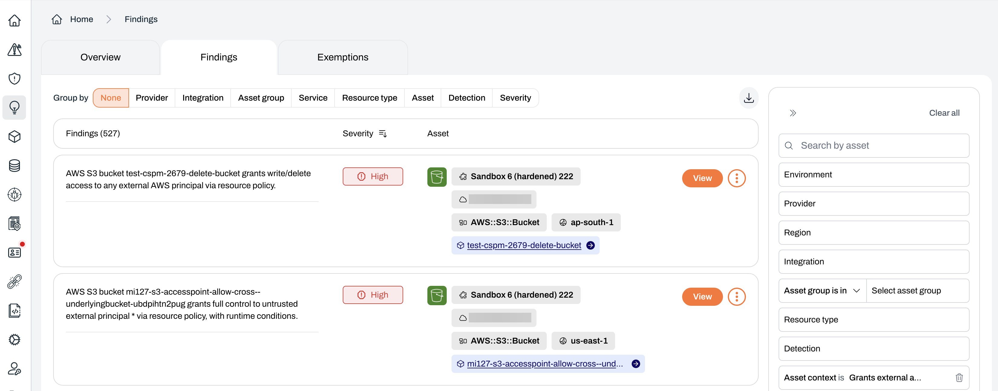 Findings dashboard filtered to the Grants external access asset context