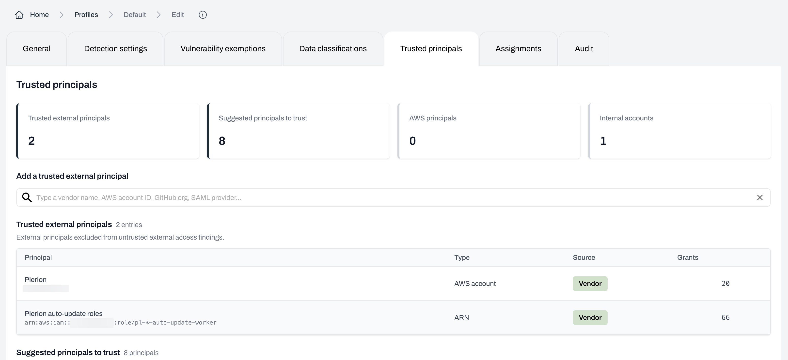 Trusted principals tab showing the summary tiles and trusted principals table