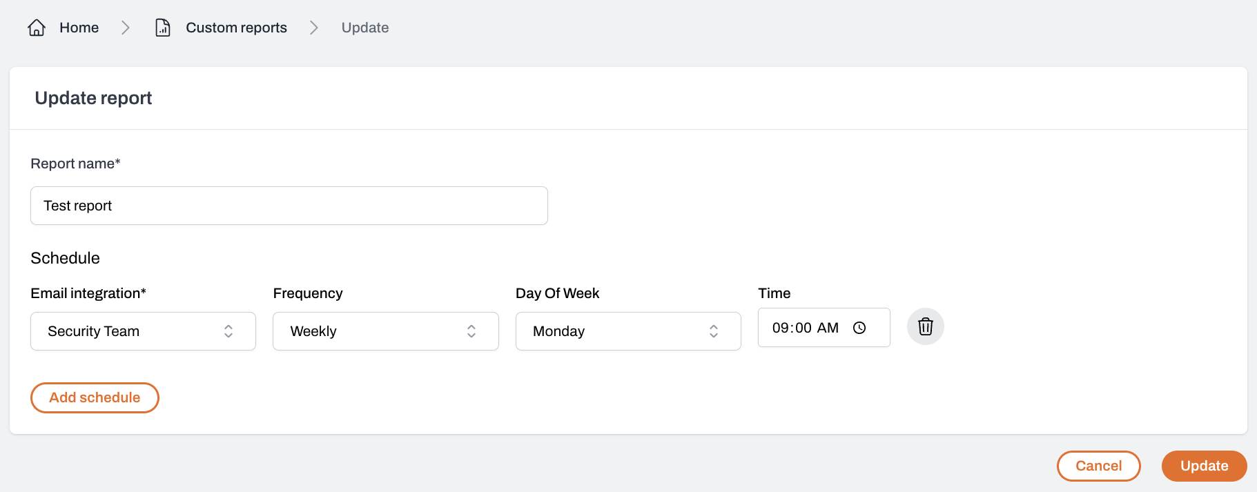 Adding a schedule for custom reports