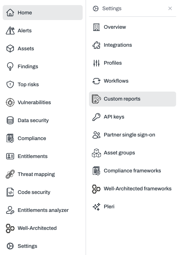 Custom reports section in Plerion settings