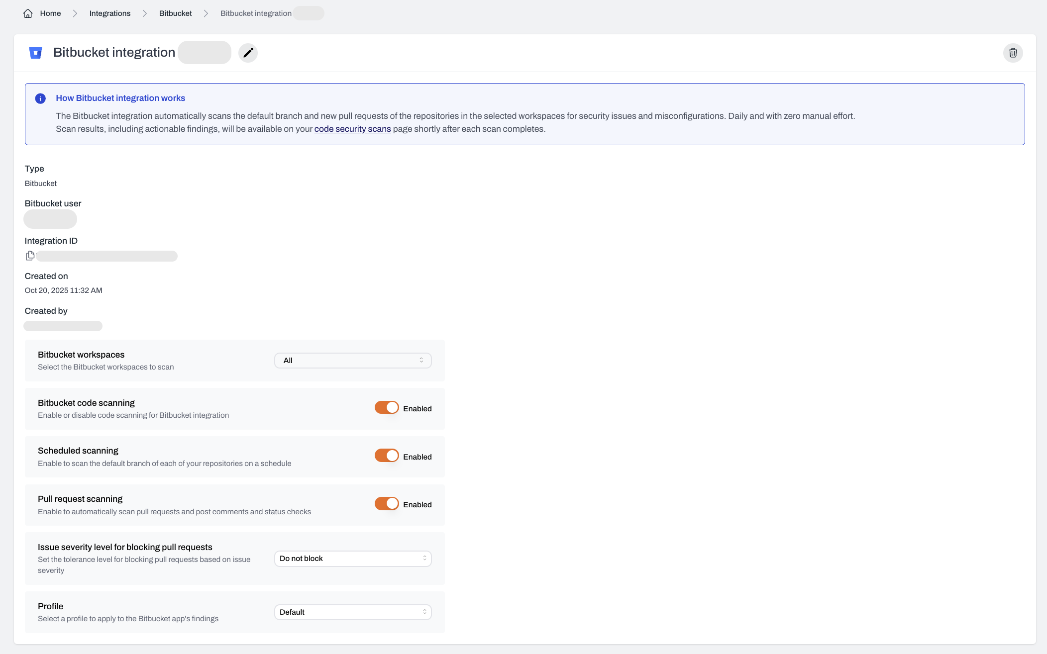 Plerion integration page showing Bitbucket connected