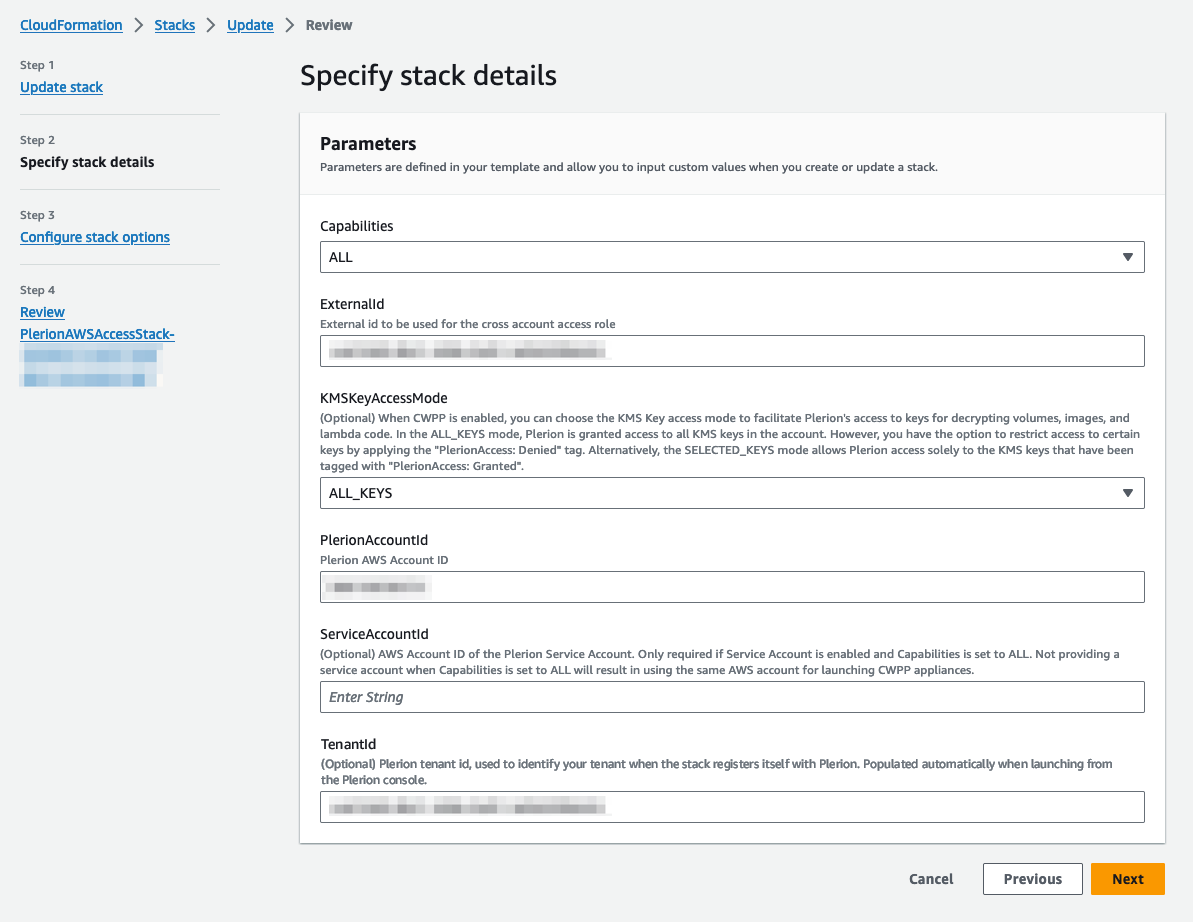 Specify stack details page in AWS with the stack parameters filled in